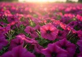 Vibrant Pink Petunia Field at Sunset Stunning Floral Landscape photo