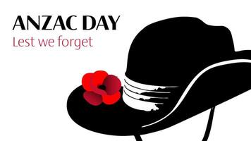 Anzac day horizontal banner with slouch hat and single poppy on white background vector