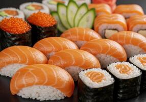 Delicious Salmon Sushi Platter with Avocado and Cucumber photo