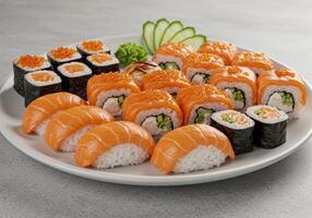Delicious Salmon Sushi Platter with California Rolls photo