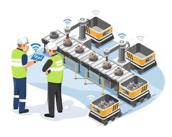 Industry 4.0 Smart Factory with Autonomous Mobile Robots AMR, Engineers and Investors Monitoring IoT Automation, Isometric Isolated vector