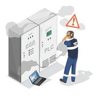 Smart Factory Automation Error Electrical Control Panel Overheating with Technician Troubleshooting System Failure, Isometric Isolated vector