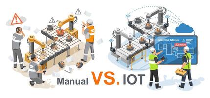 Manual vs. IoT Industrial Automation in Smart Factory Isometric Isolated - Engineers and Technicians Monitoring and Maintaining Production System with Error Detection and Predictive Maintenance vector