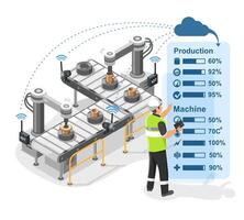 Smart Factory IoT Monitoring System with Engineer Checking Production and Machine Status Isometric Isolated vector