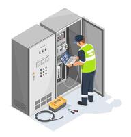 Electrical technician fixing a PLC control cabinet in a smart factory, isometric isolated cartoon vector