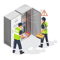 Industrial Electrical Failure in PLC Control Cabinet, Technicians Diagnosing and Repairing, Isometric Isolated vector