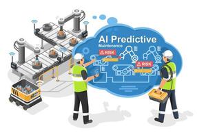 AI Predictive Maintenance System with Engineers Monitoring Industrial Machines in Industry 4.0 Smart Factory, Isometric Isolated vector