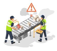 Industrial Conveyor Belt Error and Breakdown Factory Workers Fixing Malfunctioning Production Line with Boxes Falling Isometric Isolated vector