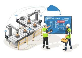 Smart Factory IoT Machine Monitoring System with Engineers and Technicians Detecting Error in Industrial Automation, Isometric, Isolated vector