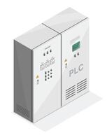 Electrical control PLC cabinet box with industrial automation system in smart factory, isometric isolated. Power supply panel, circuit control, and programmable logic controller for manufacturing vector