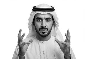 a close-up photo of a Gulf Arab man wearing traditional clothing looking at the camera with gestures of seriousness