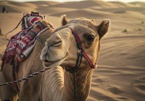 A close-up picture of a camel walking in the desert areas, a display of the finest and precious camels in Saudi Arabia photo
