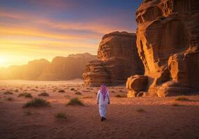 Man Walking in Desert Landscape During Sunset with Dramatic Rock Formations photo