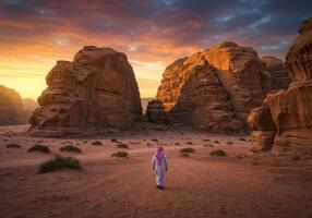 Man Walking Through Wadi Rum Desert Landscape at Dramatic Sunset photo