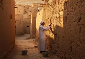 Man Repairing Mud Wall in Traditional Village Middle East Architecture photo