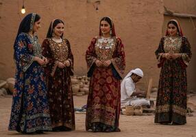Women Wearing Traditional Embroidered Dresses in Desert Setting with Artisan photo