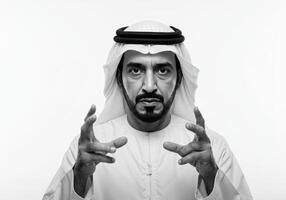 Gulf Arab man wearing traditional clothing looking at the camera with gestures of seriousness and firmness photo