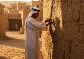 Arabian Man Working on Traditional Mud Building in Desert Village photo