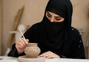 Woman in Niqab Drawing Pattern on Pottery Vase with Brush photo
