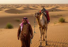 Arab man standing next to a camel in the desert photo