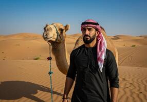 Man in Traditional Dress with Camel in Desert Landscape photo