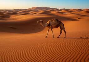 A close-up picture of a camel walking in the desert areas photo