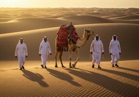 Walking with Camel Across Golden Desert at Sunset with Arab Men photo