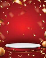 3d product presentation white podium background on dark red background with golden confetti falling vector