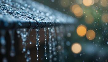 Raindrops clinging to a metal surface with blurry lights in the background photo