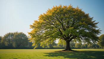 Large deciduous tree with yellow-green foliage stands in the middle of a green field under a clear sky photo