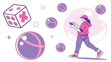 Playful Character Engaging in Mobile Activity with Dice and Bubbles vector