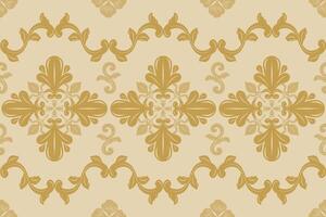 Classy Doodle Baroque Elegance Scroll Ornament with Gold Silk Weaves on Light Yellow Background. Elaborate Luxury Florals Buds Seamless Pattern Border Stripe Haute Couture Hand Drawn Design Rich Frame vector