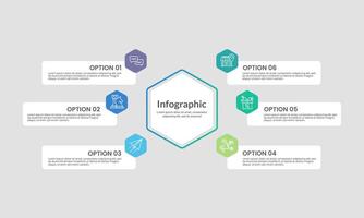 Infographic hexagon with 6 options for business presentation. Plan, Data, Report and Marketing. vector