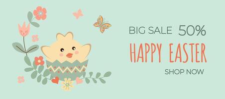 Happy easter sale. A cute little chick in a shell with flowers and butterfly on green background. Can be add text. Design for banner, poster, postcard. EPS10. vector