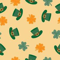 Seamless pattern St. Patrick's Day with green hat, clover, saint on yellow background. vector
