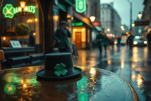 St Patricks Day black top hat with green shamrock on wet table outside Irish pub with glowing neon lights in rainy city street at night photo