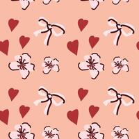 Seamless pattern with pink bows, cherry blossoms, and red hearts on peach background vector