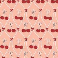 Retro cherry pattern with pink and red bow accents vector