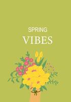 Spring vibes floral bouquet with colorful blooms on green background vector