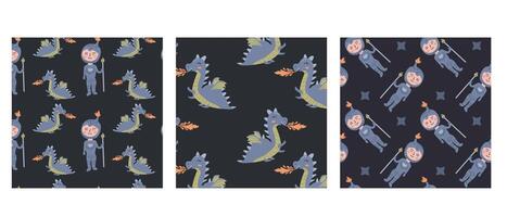 Whimsical princess patterns with knights and dragons for children's design and fabric crafts vector