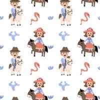 Cowboy and horse themed childish pattern with cute characters and cacti vector