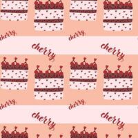 Seamless pattern of cherry-topped cakes with heart details on pink background vector