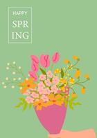 Colorful spring bouquet in pink vase with hand on green background vector