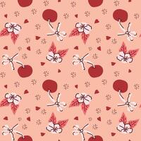 Floral and cherry pattern on peach background with heart accents vector