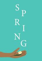 Spring theme with african female hand holding seedling on teal background vector