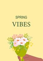 Spring vibes hand holding bouquet of pink flowers on yellow background vector