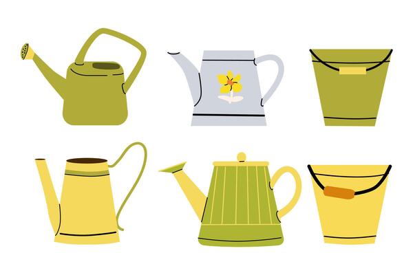Collection of vintage watering cans and buckets for gardening projects and design