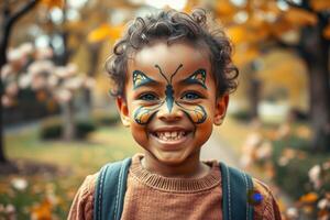 Smiling Boy with Blue Butterfly Face Paint in Autumn Park Close up Portrait of Happy Child with Curly Hair Wearing Brown Sweater and Backpack Against Blurred Fall Foliage Zero Discrimination Day photo