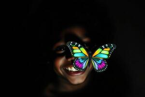Smiling Child in Dark with Glowing Multicolored Butterfly in Dramatic Low-Key Portrait Zero Discrimination Day photo