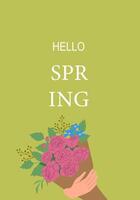 Hello spring greeting card with bouquet of flowers on green background vector